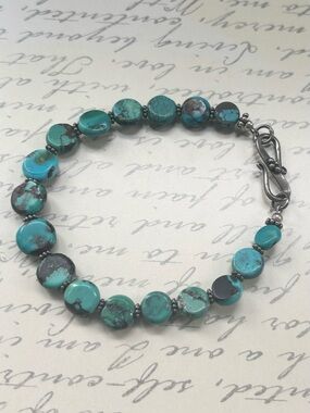 Sterling Silver Bali Bead Turquoise Disc Bead Bracelet Women Jewelry